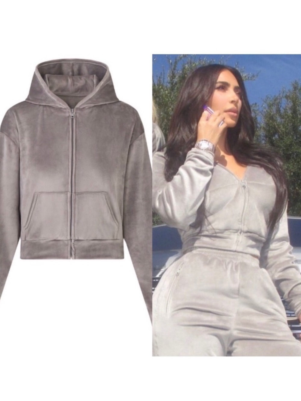 SKIMS Velour Zip Up Hoodie Jacket in Smoke size large limited edition NWOT